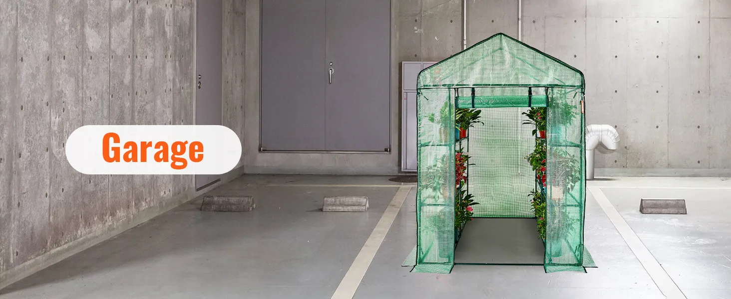 VEVOR walk-in greenhouse set up inside a concrete garage, showcasing potted plants on shelves.