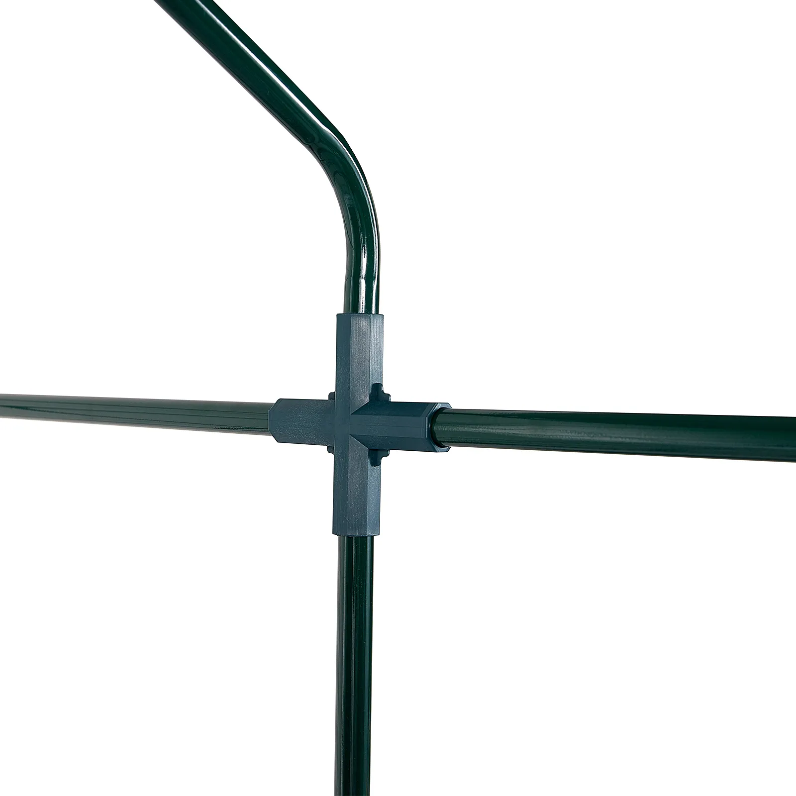 metallic frame joint of VEVOR walk-in greenhouse showing pipe connections and structural support.