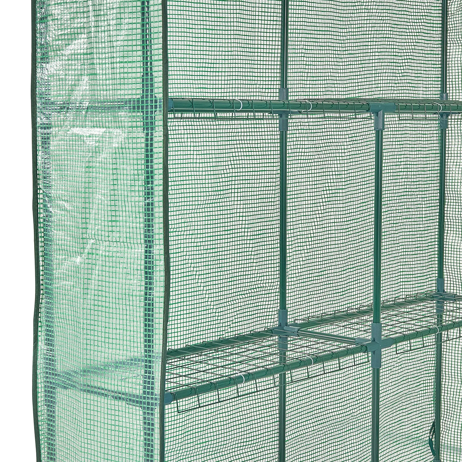 green metal frame structure with mesh cover on a VEVOR walk-in greenhouse.