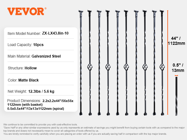 棒ばかり EVERMARK Stair Parts 44 in. x 1/2 in. Satin Black Double
