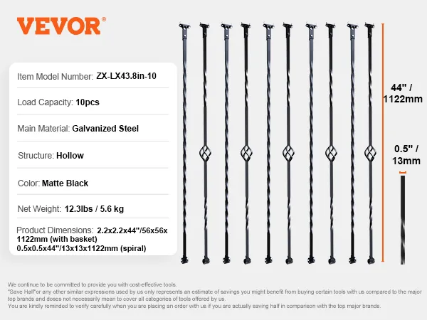 VEVOR staircase metal balusters, matte black, galvanized steel, hollow, 44", load capacity 10pcs.