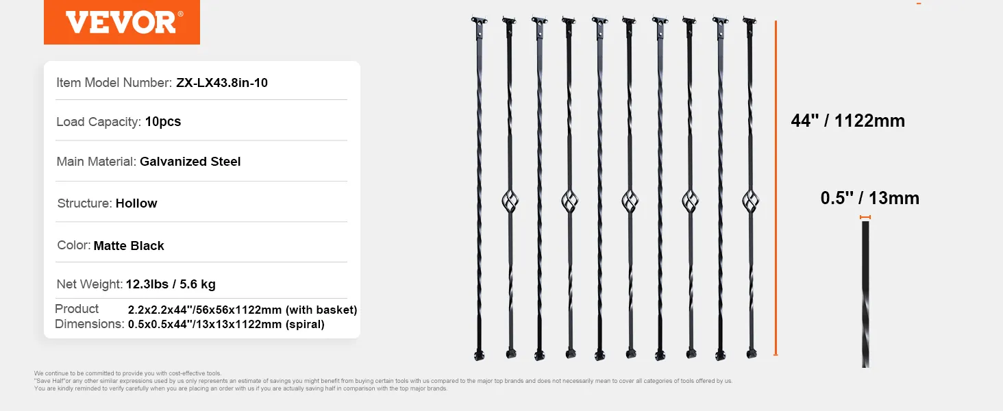 VEVOR staircase metal balusters, matte black, galvanized steel, hollow, 44", load capacity 10pcs.