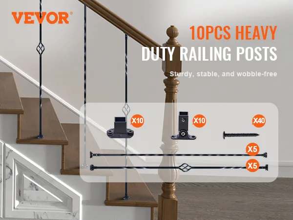 VEVOR staircase metal balusters for heavy-duty railing, sturdy and stable with 10 balusters and mounting kit.