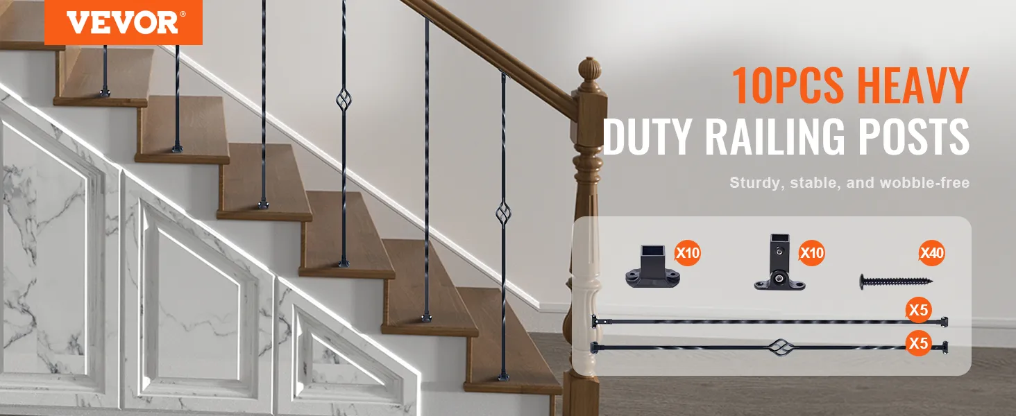 VEVOR staircase metal balusters for heavy-duty railing, sturdy and stable with 10 balusters and mounting kit.