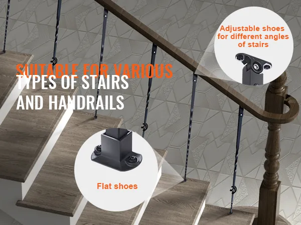 VEVOR staircase metal balusters with flat and adjustable shoes for various stair angles and handrails.