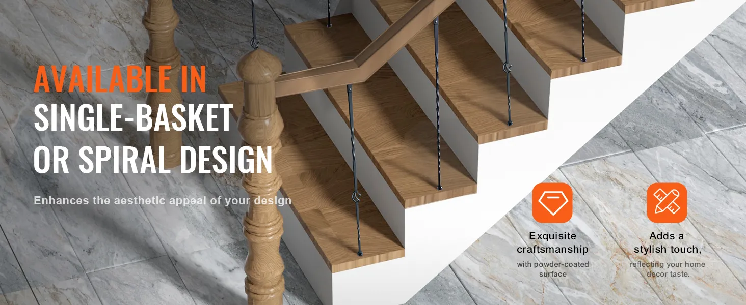 VEVOR staircase metal balusters in single-basket or spiral design, enhancing aesthetic appeal.
