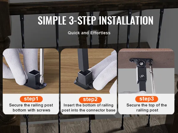 simple 3-step installation of VEVOR staircase metal balusters; secure bottom, insert post, secure top.