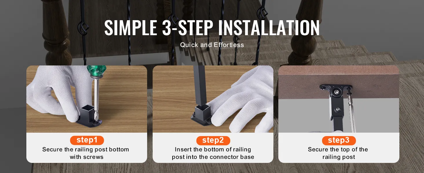 simple 3-step installation of VEVOR staircase metal balusters; secure bottom, insert post, secure top.