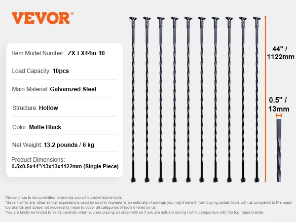 VEVOR metal balusters, matte black, galvanized steel, 44 inches tall, 0.5-inch width, pack of 10.