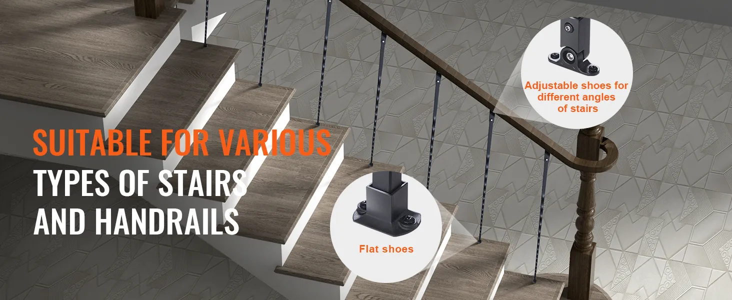 VEVOR metal balusters for stairs with adjustable and flat shoes for various angles and handrails.