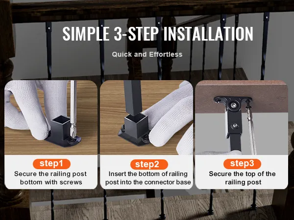 simple 3-step installation guide for VEVOR metal balusters; quick setup with screws and base connector.