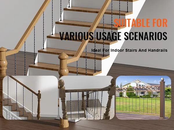 VEVOR metal balusters for indoor stairs, handrails, and outdoor fences showcasing varied applications.