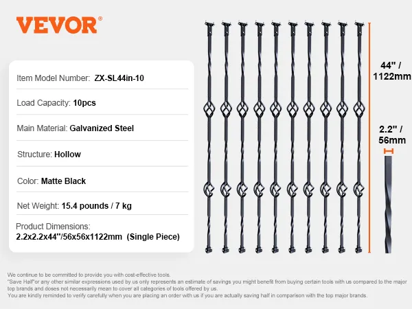 VEVOR staircase metal balusters, 44" galvanized steel, matte black, 10 pcs, hollow structure.