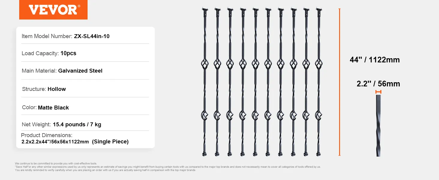 VEVOR staircase metal balusters, 44" galvanized steel, matte black, 10 pcs, hollow structure.