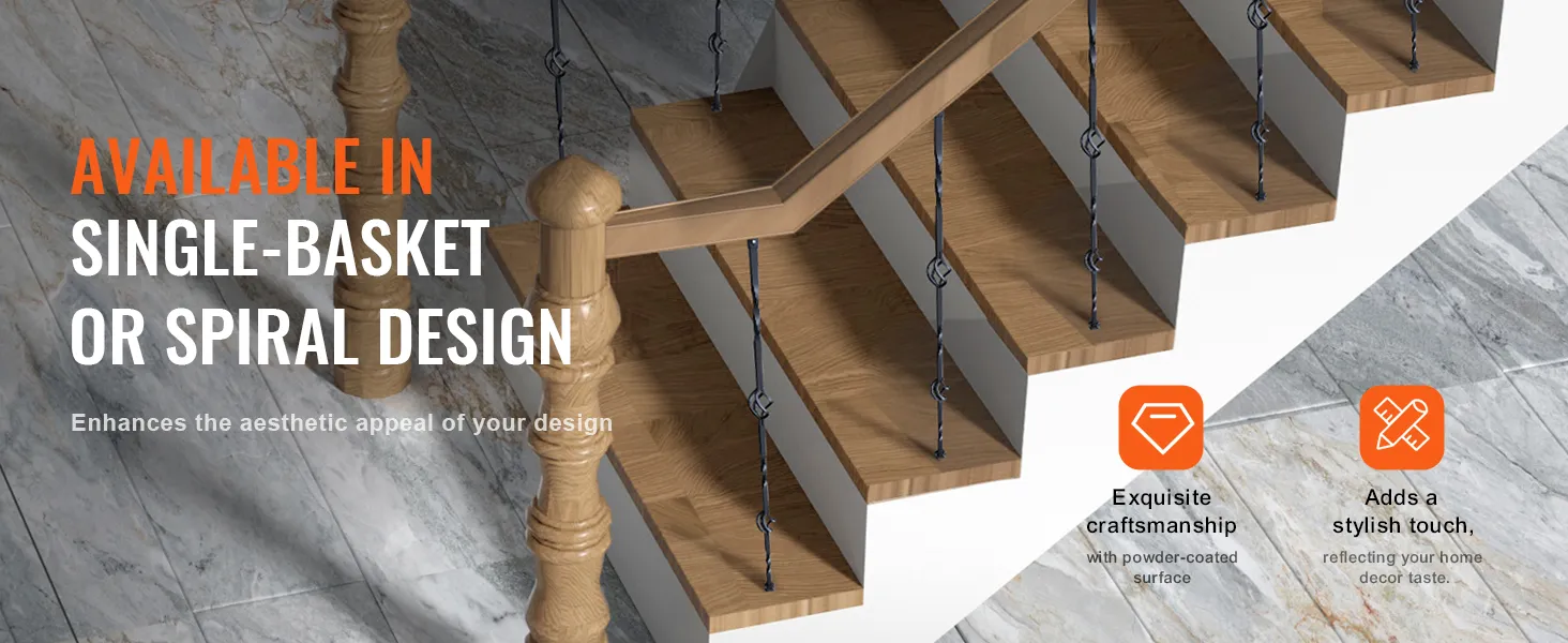 VEVOR staircase metal balusters available in single-basket or spiral design, enhancing aesthetic appeal.