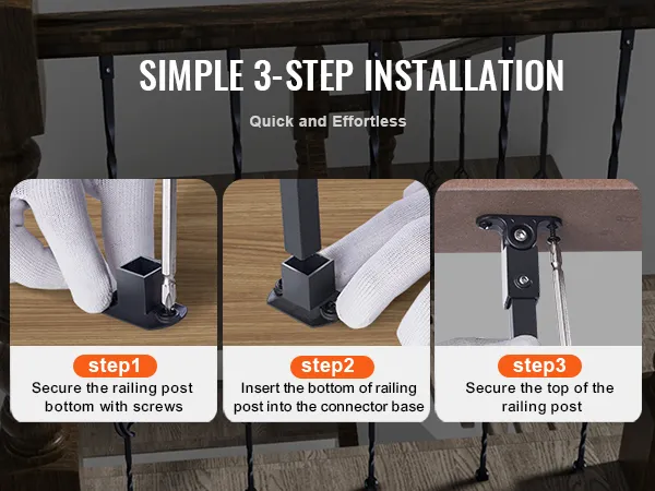 simple installation steps for VEVOR staircase metal balusters; secure bottom, insert post, secure top.