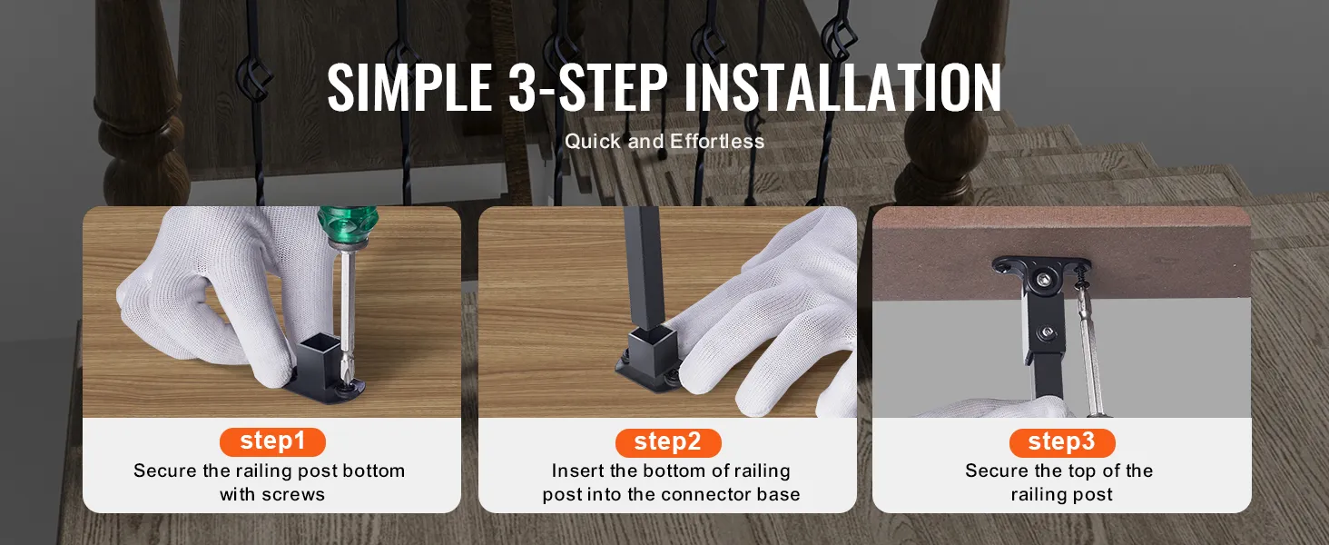 simple installation steps for VEVOR staircase metal balusters; secure bottom, insert post, secure top.
