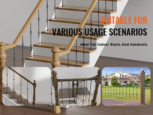VEVOR staircase metal balusters in various installations: indoor stairs, handrails, and outdoor fence.