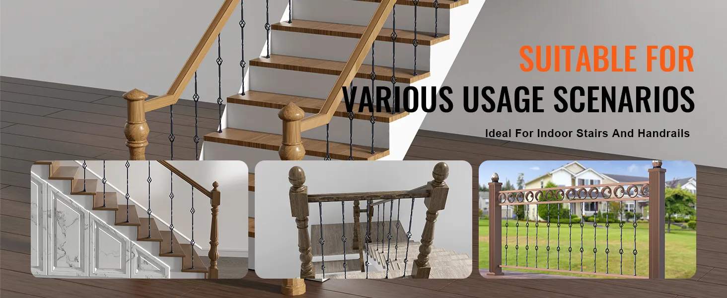 VEVOR staircase metal balusters in various installations: indoor stairs, handrails, and outdoor fence.