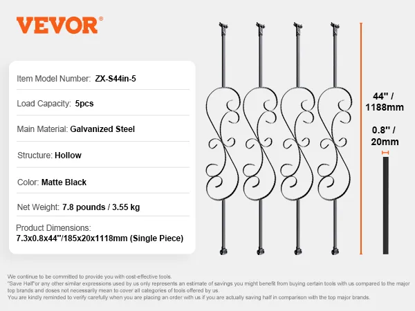 VEVOR staircase balusters, matte black galvanized steel, hollow structure, 44" height, pack of 5.