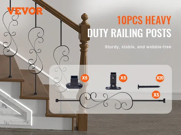 brown wooden staircase with VEVOR staircase balusters and heavy-duty railing posts.