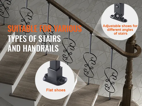 VEVOR staircase balusters demonstrating adjustable and flat shoes for various stairs and handrails.
