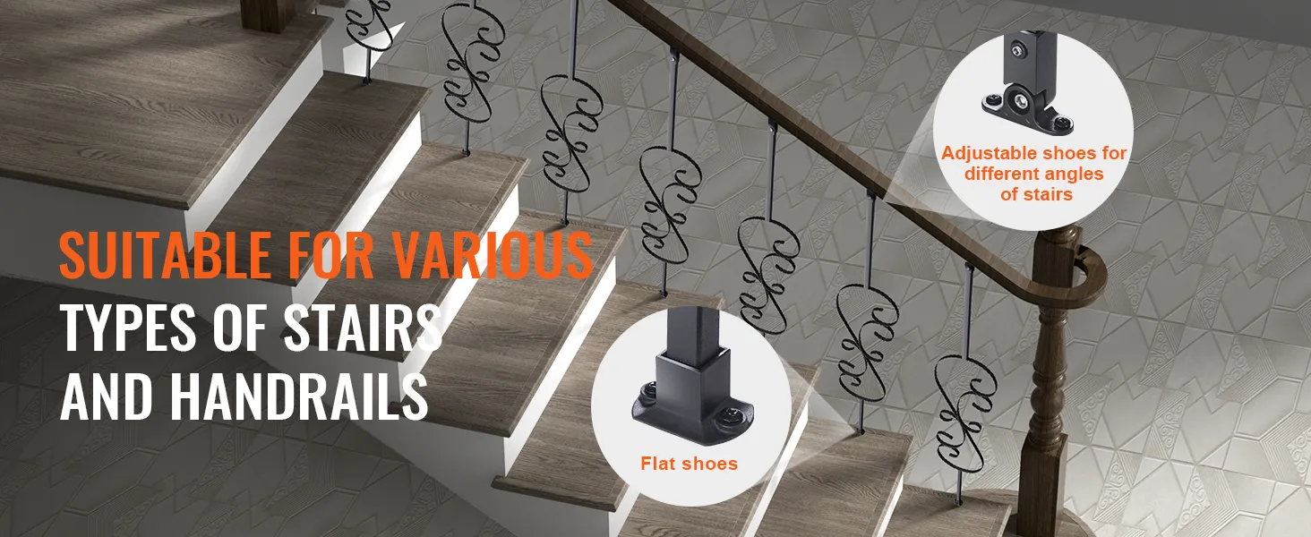 VEVOR staircase balusters demonstrating adjustable and flat shoes for various stairs and handrails.
