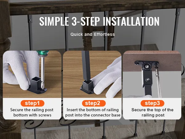 simple 3-step installation guide for VEVOR staircase balusters with labeled steps and clear visuals.