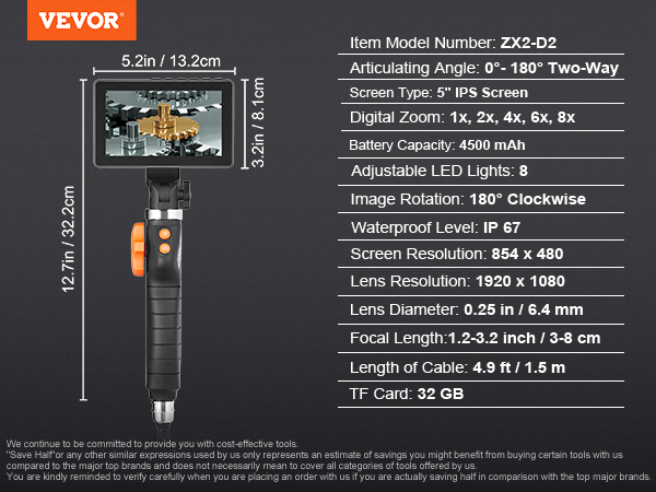 VEVOR Borescope Endoscope Two-Way 180° Articulating 5