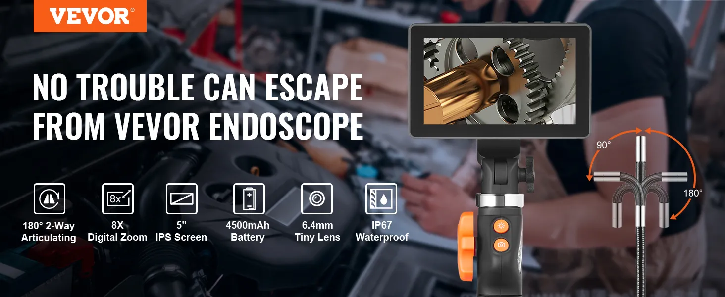 VEVOR Borescope Endoscope Two-Way 180° Articulating 5" IPS 8X Zoom 6.4mm Lens