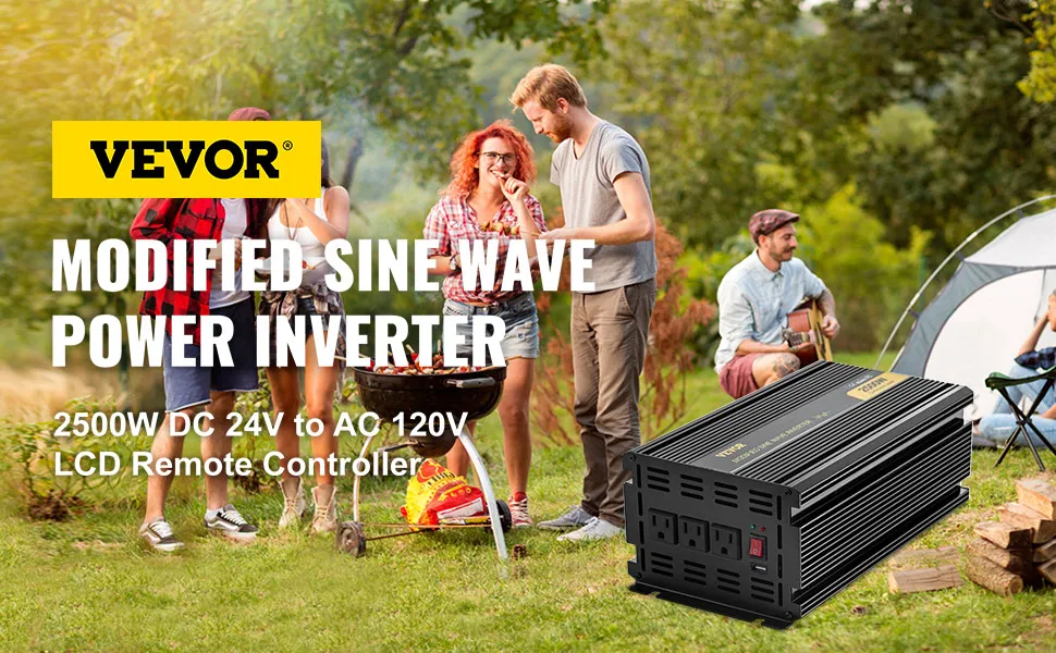 Inversor de corriente VEVOR, 2500w cc 24v a ca 120v, escena de camping con gente.