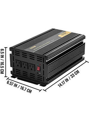 Inversor de corriente VEVOR, dimensiones: 14,17 x 6,57 x 6,5 pulgadas.