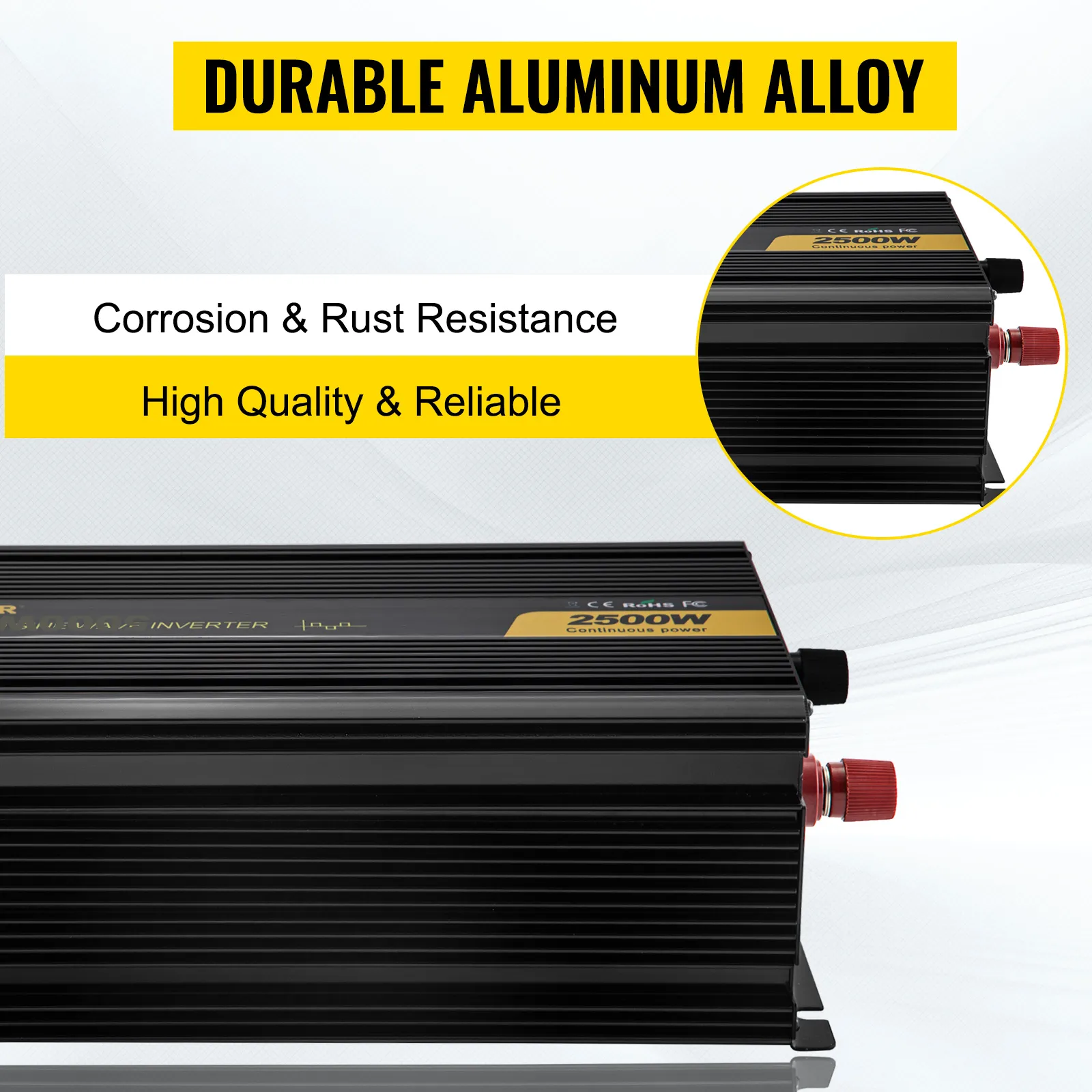 Inversor de corriente VEVOR con aleación de aluminio duradera, 2500w, resistente a la corrosión, confiable.