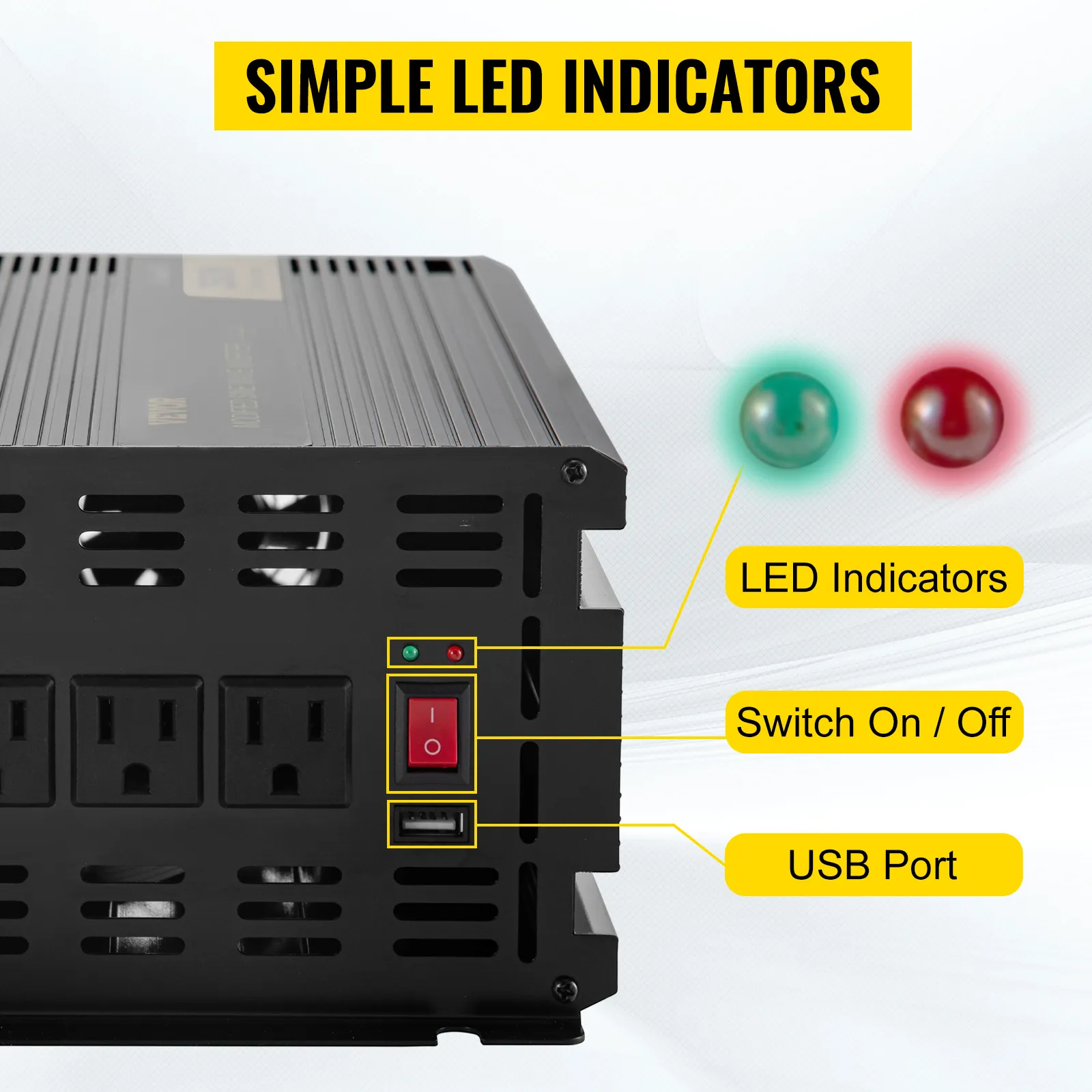 Inversor de corriente VEVOR con indicadores LED, interruptor de encendido/apagado y puerto USB.