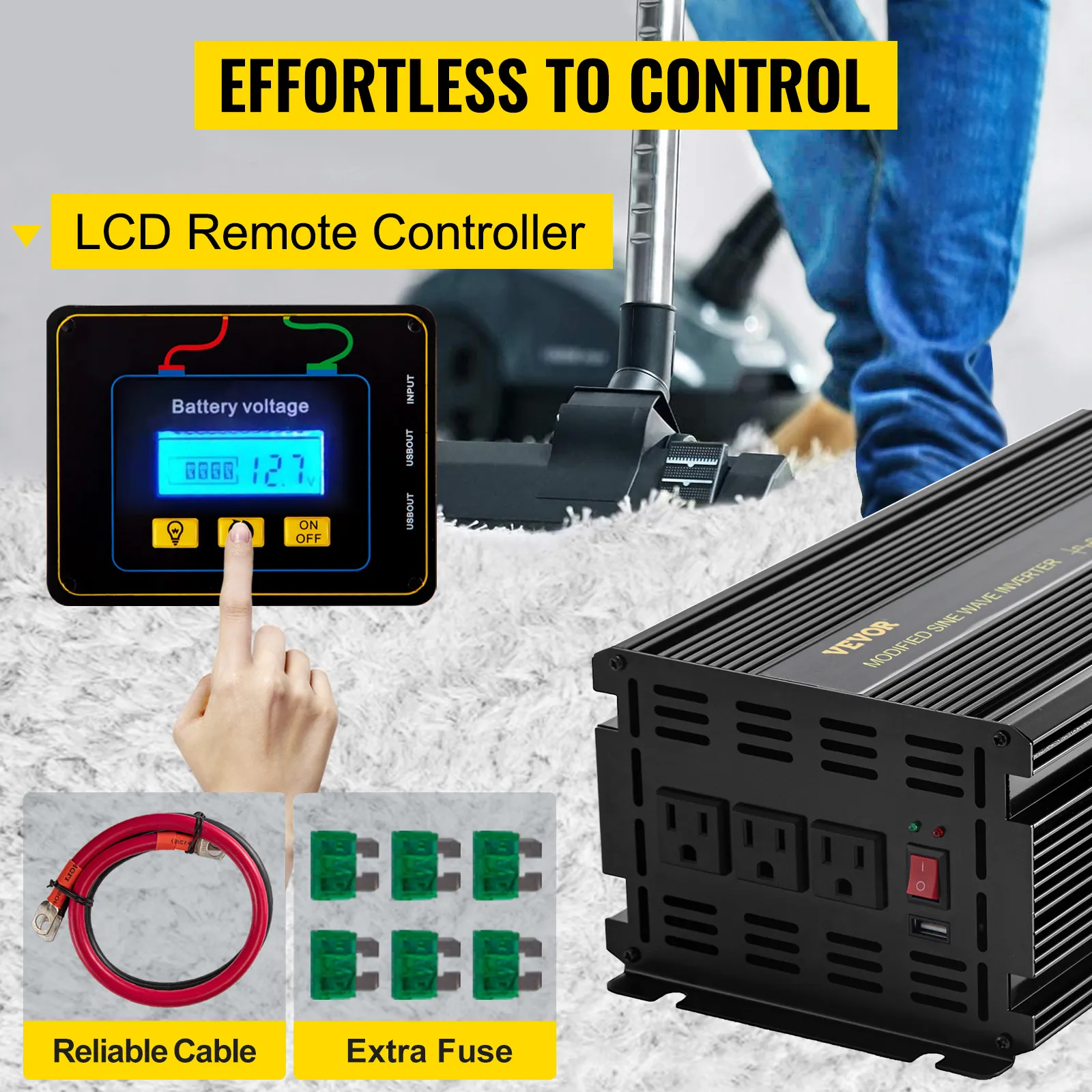 Inversor de corriente VEVOR con control remoto LCD, cable confiable y fusible adicional.