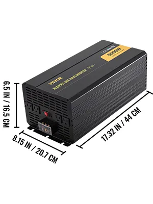 Inversor de corriente VEVOR 5000w con dimensiones: 17,32x8,15x6,5 pulgadas.