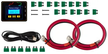 Kit inversor de corriente VEVOR con cables, conectores y pantalla digital.
