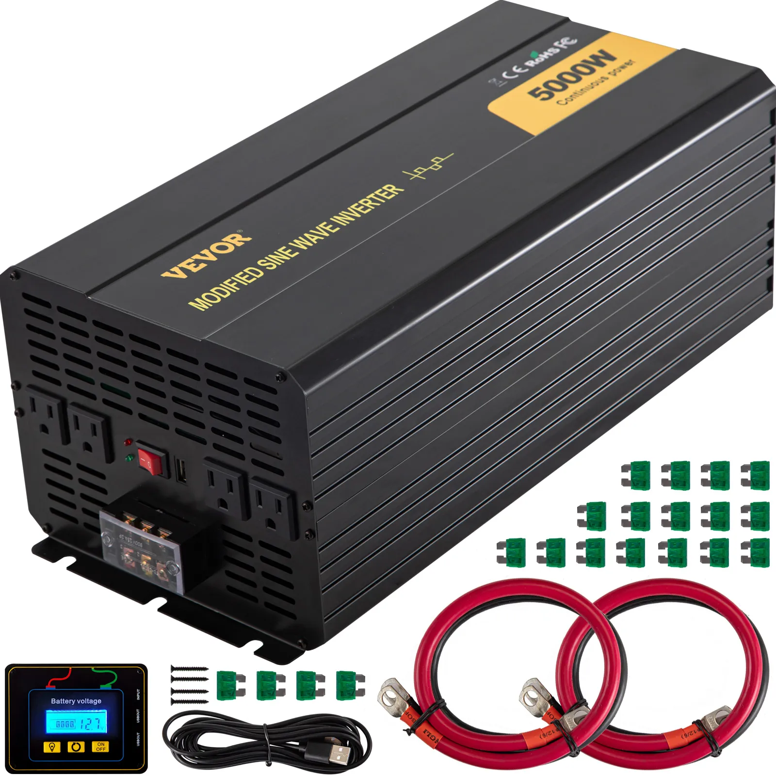 Inversor de corriente VEVOR 5000w con cables, conectores y pantalla lcd para voltaje de batería.