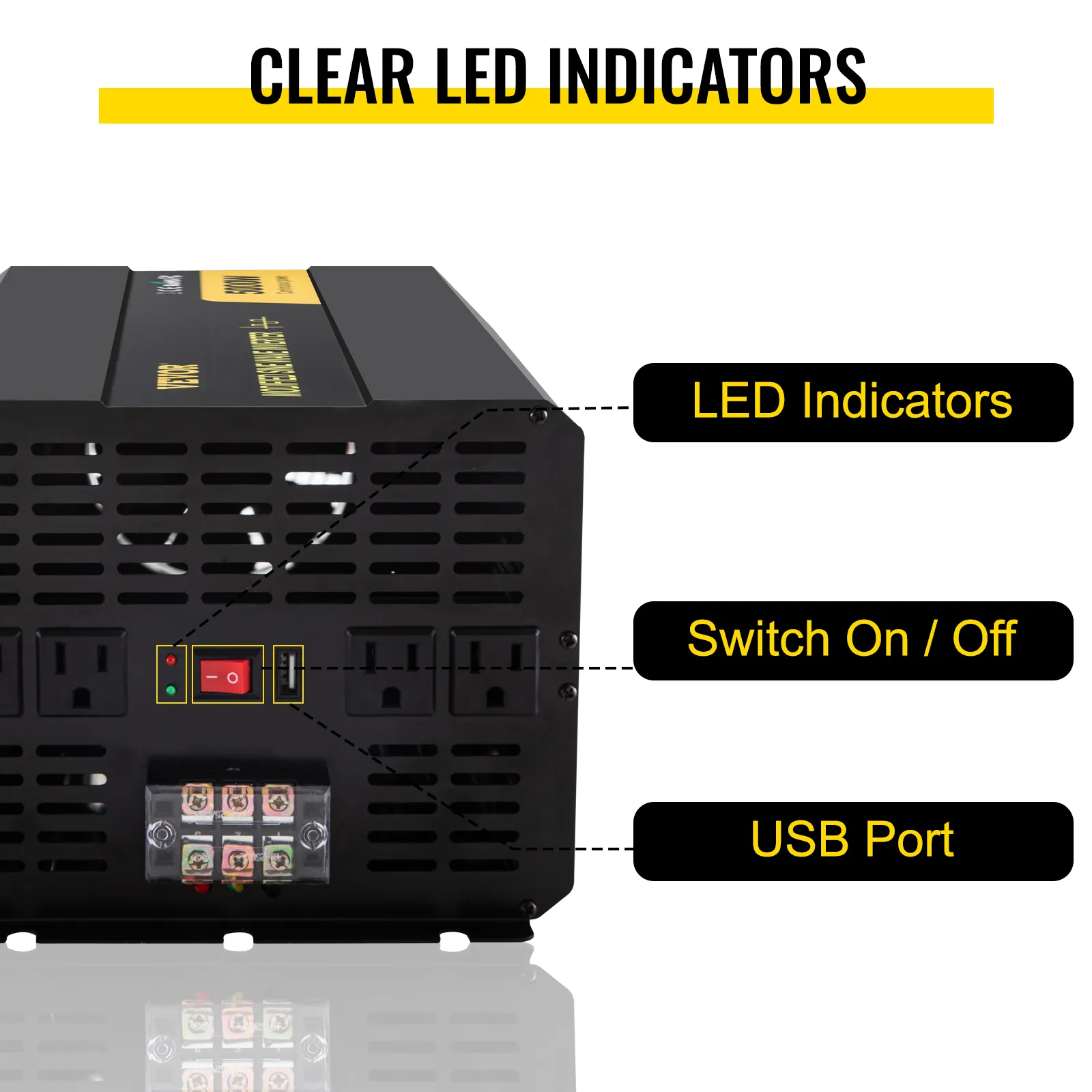 Inversor de corriente VEVOR con indicadores LED claros, interruptor de encendido/apagado y puerto USB.