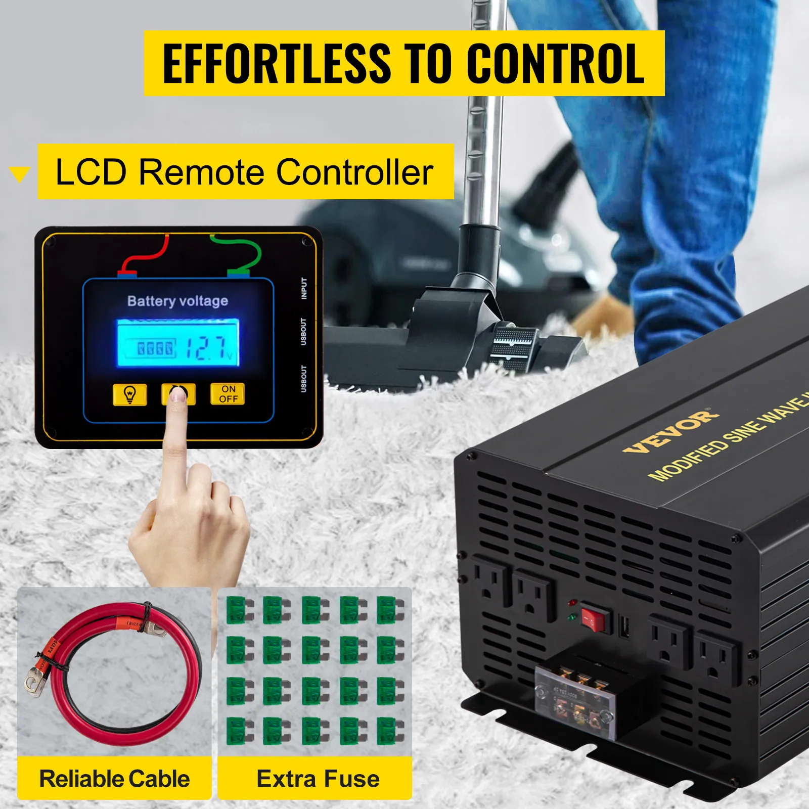 Inversor de corriente VEVOR con control remoto LCD, cable confiable y juego de fusibles adicional.