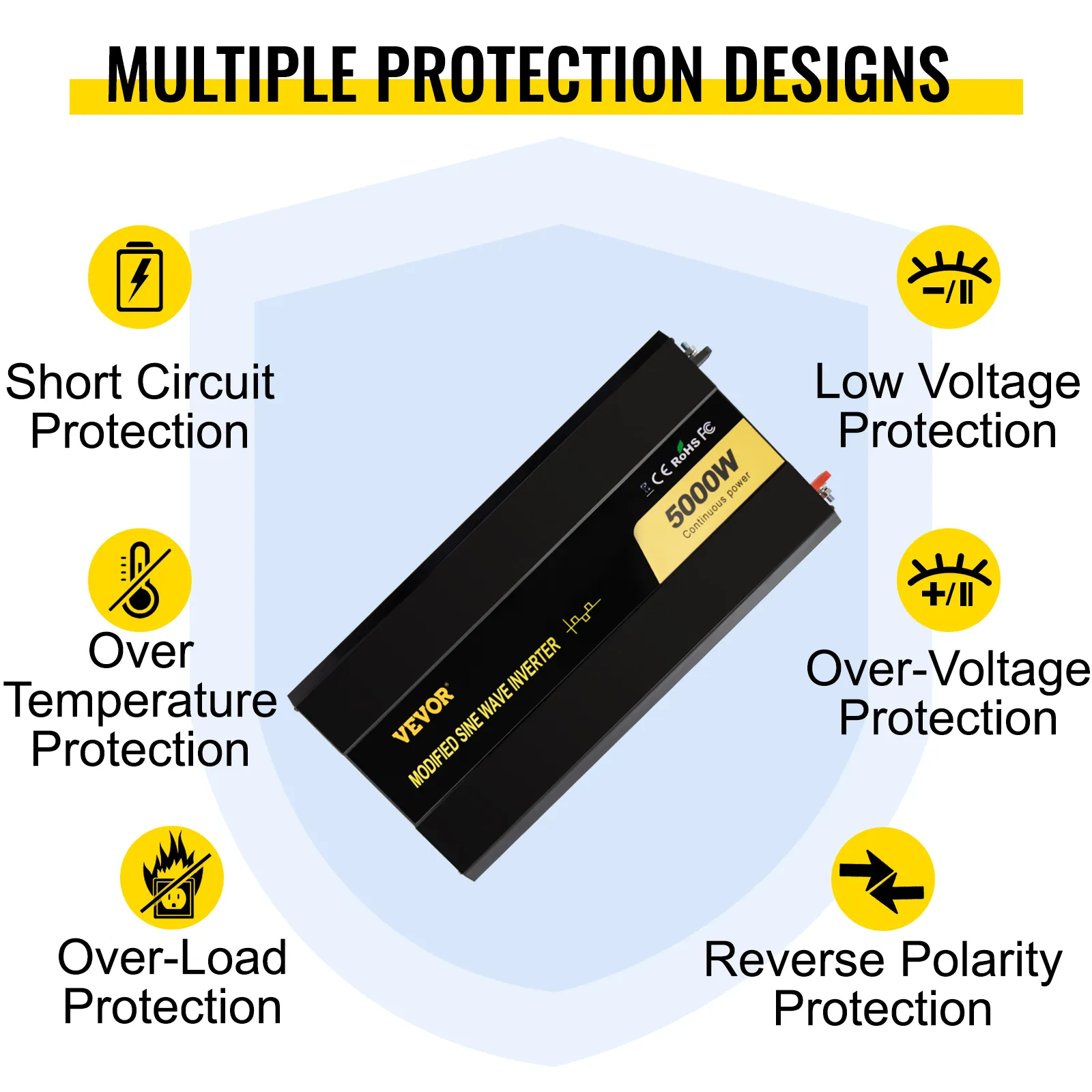 Inversor de corriente VEVOR con múltiples diseños de protección para seguridad y eficiencia.