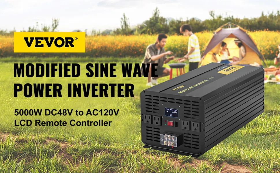 Inversor de corriente VEVOR, 5000w dc48v a ac120v, para acampar al aire libre en un campo.