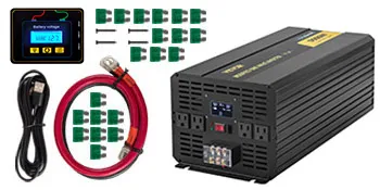 Kit inversor de corriente VEVOR con cables, conectores y pantalla digital.