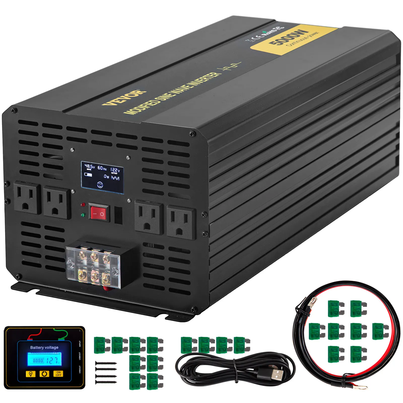 Inversor de corriente VEVOR con capacidad de 5000w, pantalla, múltiples salidas y cables incluidos.