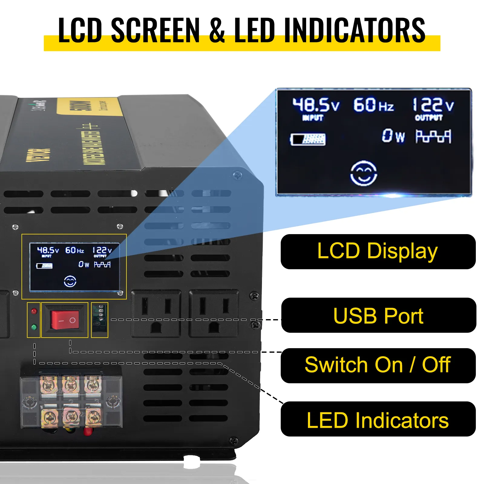 Inversor de corriente VEVOR con pantalla lcd, puerto usb, indicadores led, interruptor de encendido/apagado.