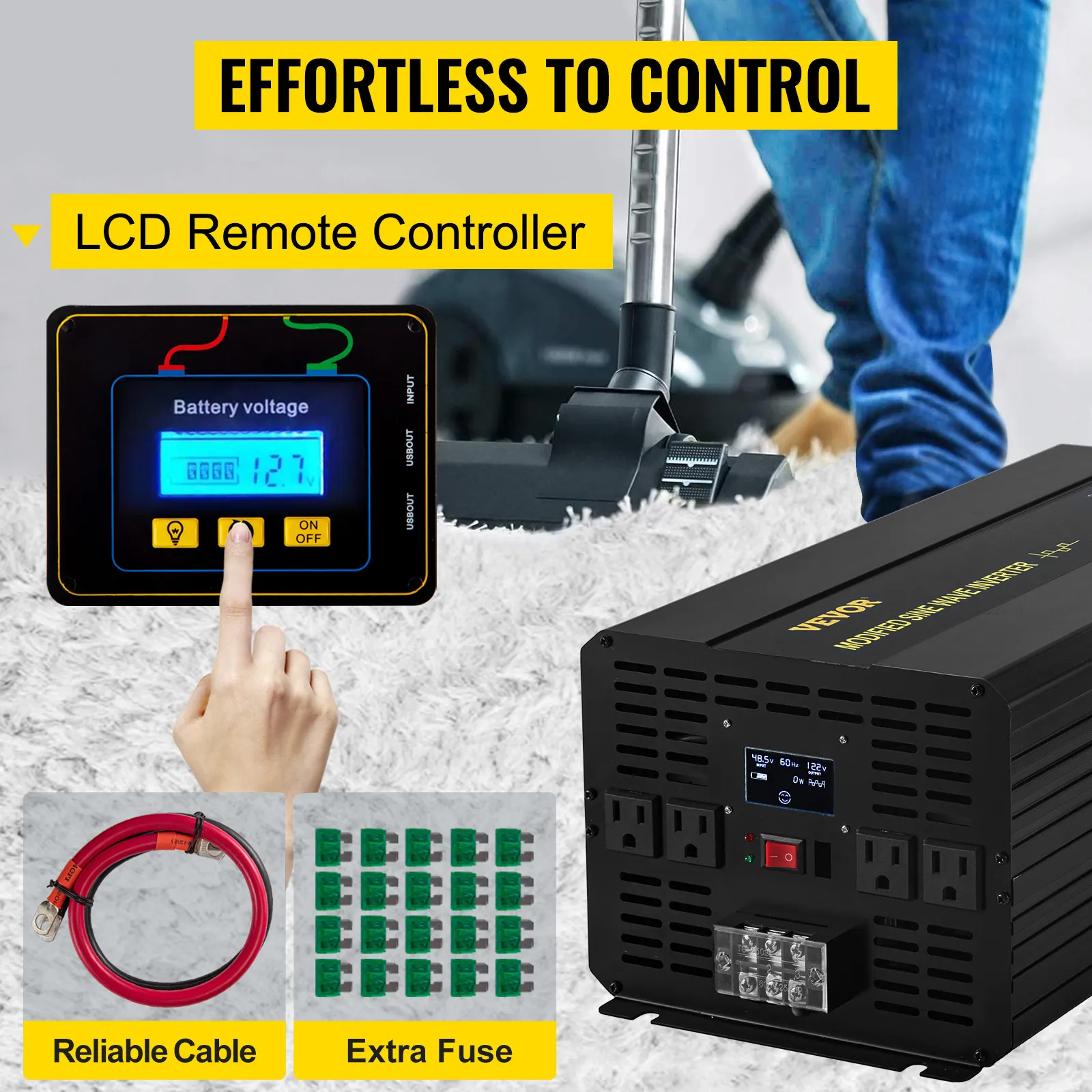 Inversor de corriente VEVOR con control remoto LCD, cable confiable y fusible adicional.
