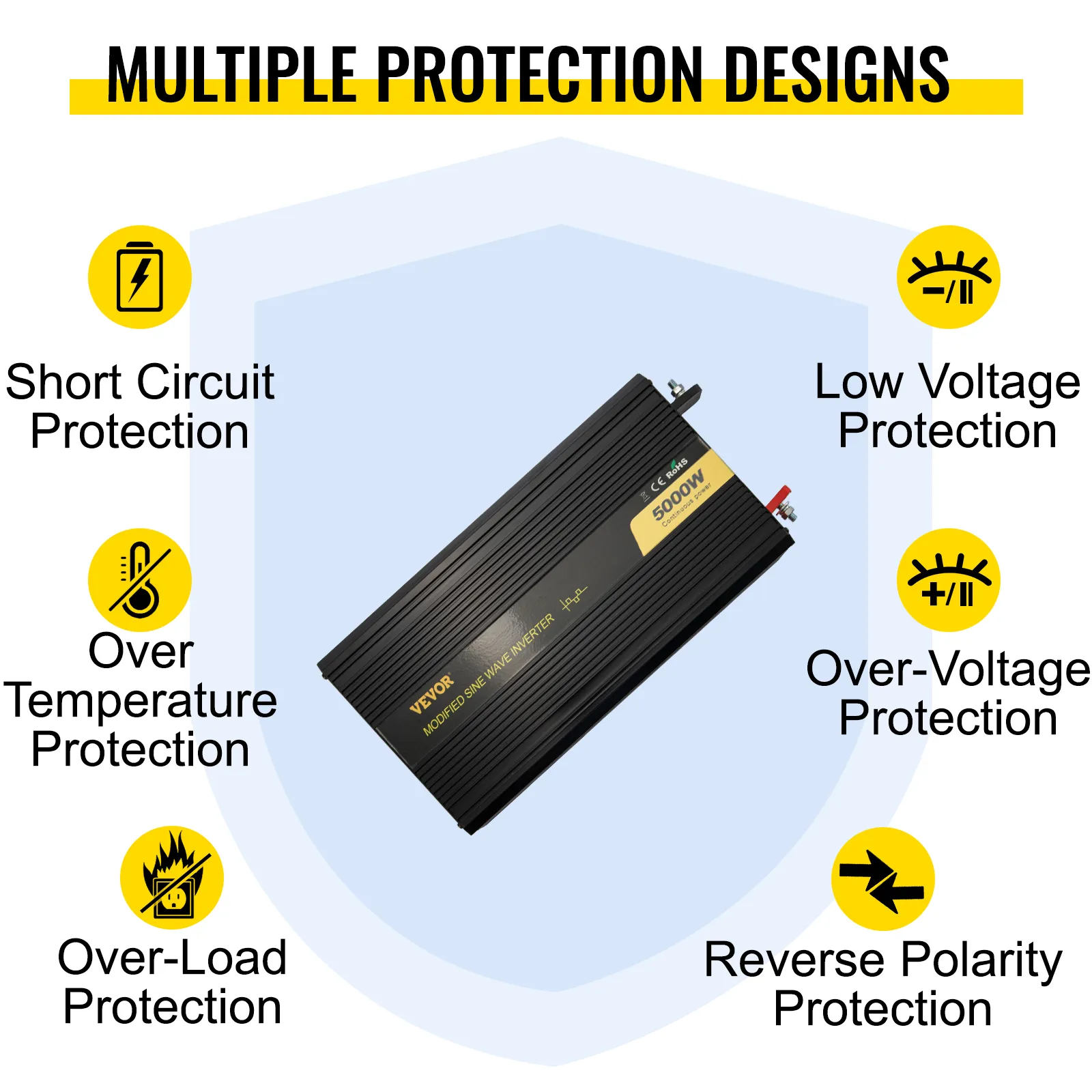 Inversor de potencia VEVOR con múltiples diseños de protección que incluyen cortocircuito y sobretensión.