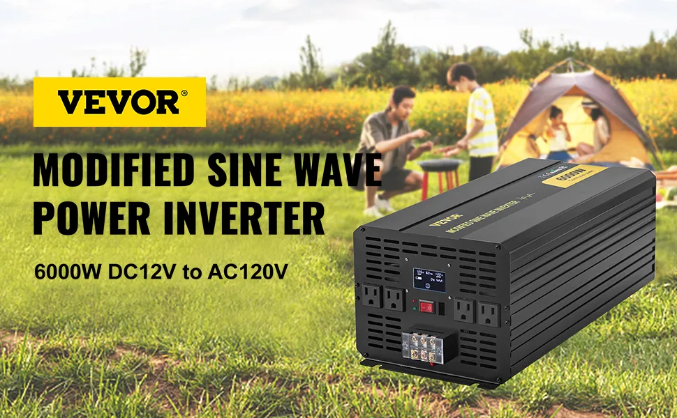 VEVOR power inverter 6000w dc12v to ac120v with family camping in background.