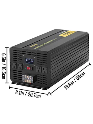 VEVOR power inverter, black, with dimensions: 19.6in x 8.1in x 6.5in.