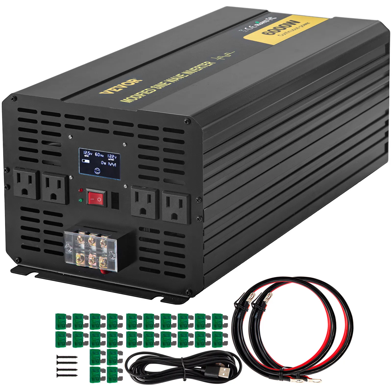 VEVOR power inverter, 6000w, with accessories and multiple outlets.